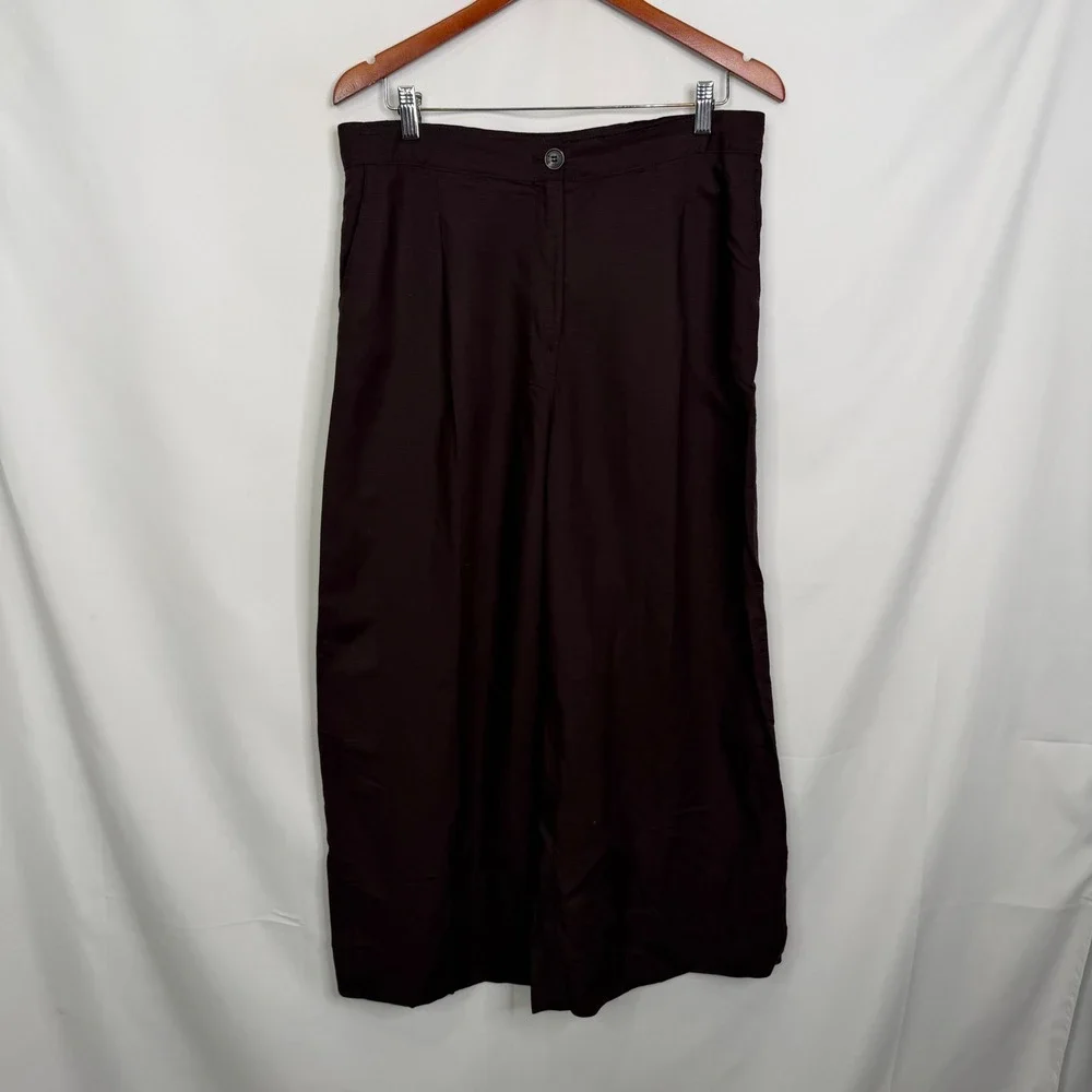 HM Linen Blend Wide Leg Trousers Brown Pleated Cropped Pants US 10 NEW